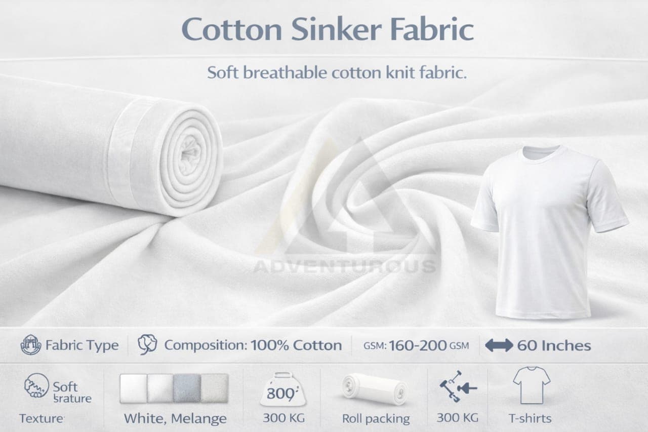 100% Cotton Sinker Fabric | 160-200 GSM | 60 Inch Width | Soft Breathable T-Shirt & Casual Wear Fabric